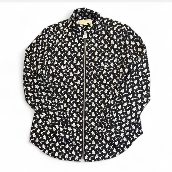Michael Kors Black & White Floral Blouse Silver Zip Detail Size M - Picture 1 of 3